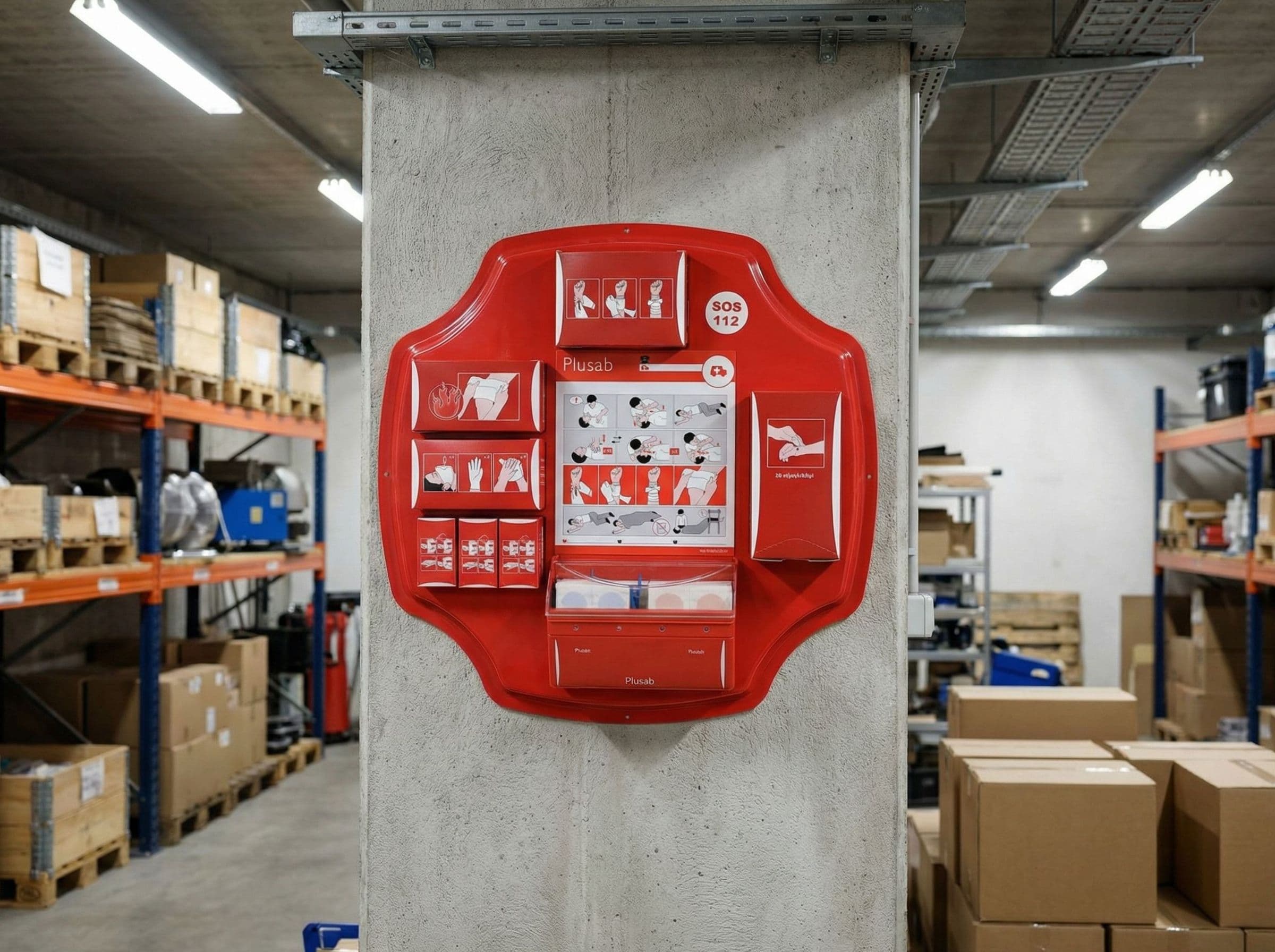 En röd första hjälpen-tavla hänger på en betongpelare, i bakgrunden syns en lagerlokal